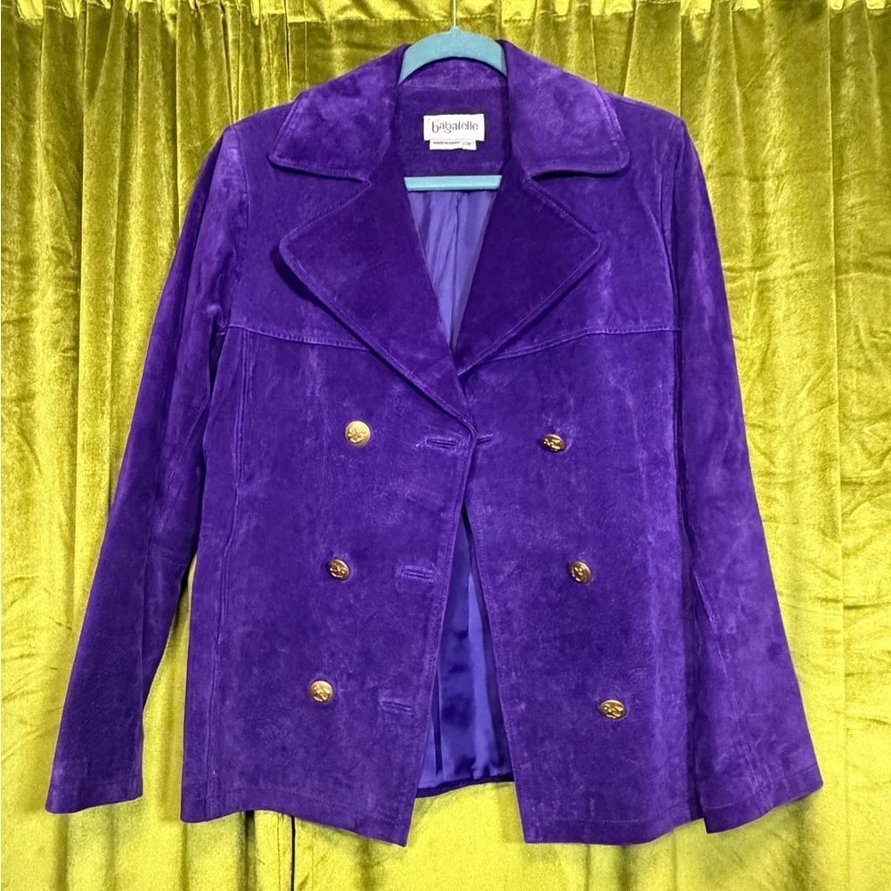 Vintage Bagatelle Doubled Breasted Purple Leather Suede Jacket gold button Small